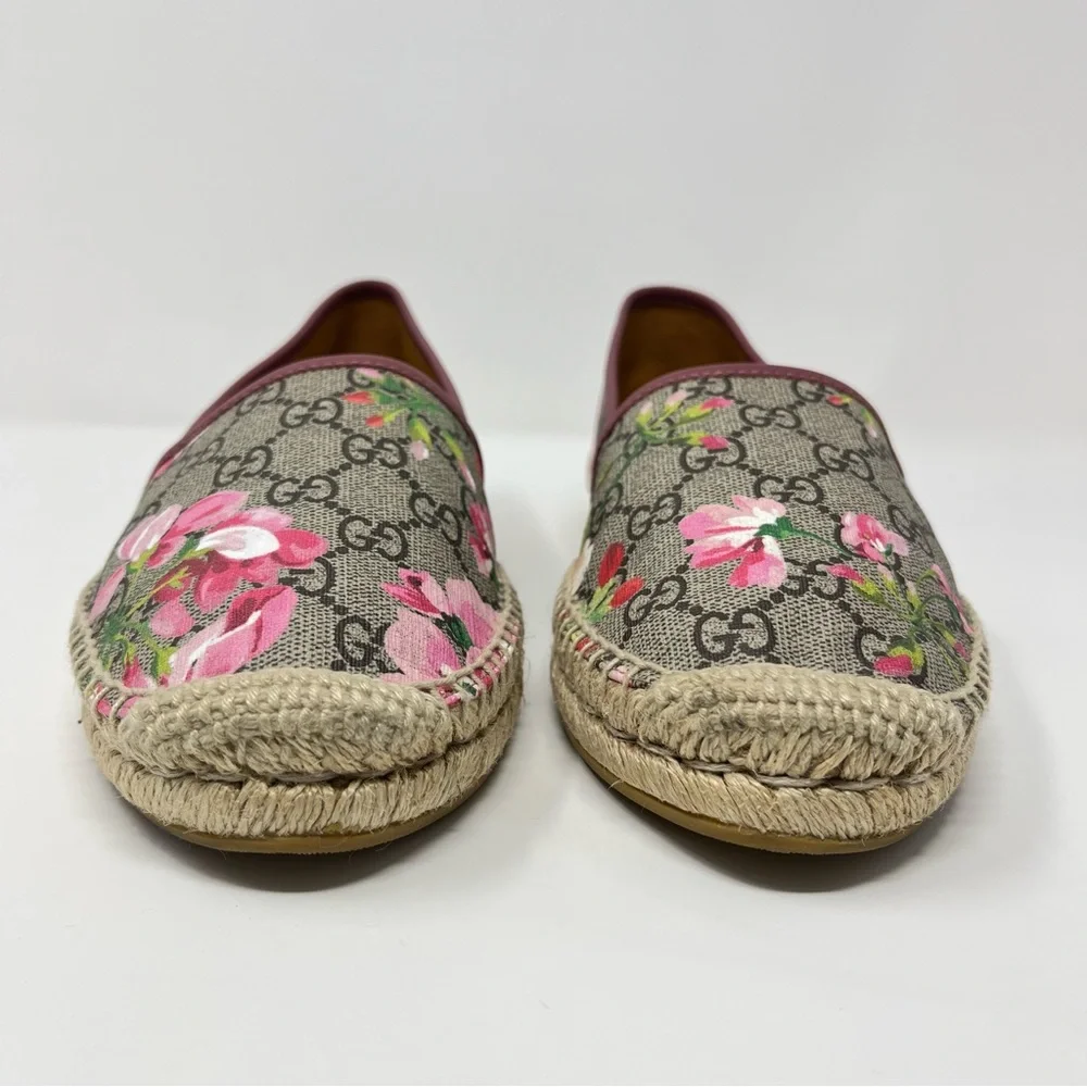 Gucci GG Double G Monogram Pink Bloom Floral Flat Espadrilles Shoes Tan 41 11